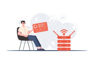 İnternet konsepti. Bir adam sandalyeye oturuyor ve elinde analiz cihazları ve göstergelerle bir panel tutuyor. Web siteleri ve sunumlar için iyi. Moda düz stil. Vektör.