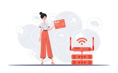 Bilgi işlem ve otomasyon konsepti. Bir kadın elinde analiz cihazları ve göstergelerle bir panel tutuyor. Web siteleri ve sunumlar için iyi. Düz biçimli vektör illüstrasyonu.