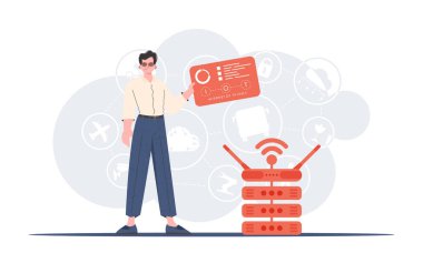 İlginç bir kavram. Bir adam elinde analiz cihazları ve göstergelerle bir panel tutuyor. Web siteleri ve sunumlar için iyi. Moda düz stil. Vektör.
