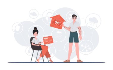 İnternet konsepti. Bir erkek ve bir kadın, internet alanında çalışan bir ekiptir. Web siteleri ve sunumlar için iyi. Düz biçimli vektör illüstrasyonu.