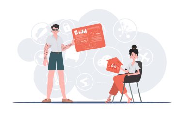 İnternet konsepti. Kız ve erkek, internet alanında bir takım oluşturuyorlar. Sunumlar ve web siteleri için iyi. Vektör illüstrasyonu.