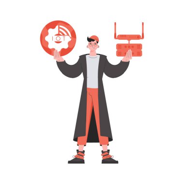 Adamın biri elinde bir internet ikonu tutuyor. Yönlendirici ve sunucu. İnternet konsepti. İzole edilmiş. Düz biçimli vektör illüstrasyonu.