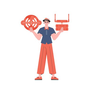 Adamın biri elinde bir internet ikonu tutuyor. Yönlendirici ve sunucu. İlginç bir kavram. İzole edilmiş. Düz moda vektör illüstrasyonuName.