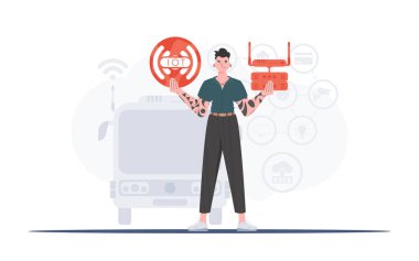 İnternet konsepti. Adamın biri elinde bir internet ikonu tutuyor. Yönlendirici ve sunucu. Web siteleri ve sunumlar için iyi. Düz moda vektör illüstrasyonuName.