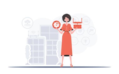 İnternet ve otomasyon konsepti. Bir kadın elinde bir internet ikonu tutuyor. Yönlendirici ve sunucu. Sunumlar ve web siteleri için iyi. Düz biçimli vektör illüstrasyonu.