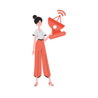 İnternet ve otomasyon konsepti. Bir kadın elinde uydu anteni tutuyor. Beyaz arka planda izole edilmiş. Moda düz stil. Vektör illüstrasyonu.