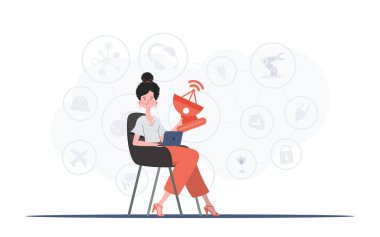 Bir kadın elinde uydu anteni tutuyor. İlginç bir kavram. Sunumlar ve web siteleri için iyi. Moda düz stil. Vektör illüstrasyonu.