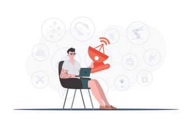 Bir adam elinde uydu anteni tutuyor. İnternet ve otomasyon konsepti. Sunumlar, web siteleri ve tipografi için iyi. Düz moda vektör illüstrasyonuName.