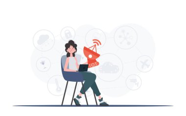 Bir kadın elinde uydu anteni tutuyor. İnternet ve otomasyon konsepti. Sunumlar ve web siteleri için iyi. Düz moda vektör illüstrasyonuName.