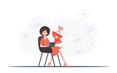 Bir kadın elinde uydu anteni tutuyor. İnternet ve otomasyon konsepti. Sunumlar, web siteleri ve tipografi için iyi. Moda düz stil. Vektör illüstrasyonu.