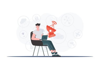 Bir adam elinde uydu anteni tutuyor. İnternet ve otomasyon konsepti. Sunumlar ve web siteleri için iyi. Düz biçimli vektör illüstrasyonu.