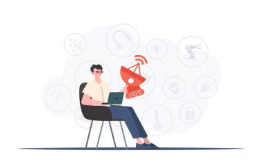 Bir adam elinde uydu anteni tutuyor. İnternet ve otomasyon konsepti. Sunumlar ve web siteleri için iyi. Moda düz stil. Vektör illüstrasyonu.