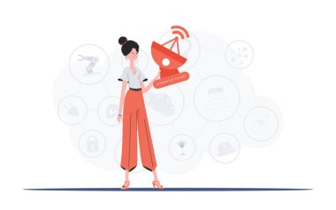 Bir kadın elinde uydu anteni tutuyor. İnternet konsepti. Sunumlar, web siteleri ve tipografi için iyi. Düz biçimli vektör illüstrasyonu.
