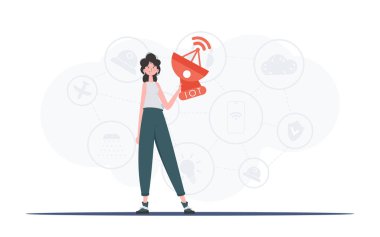 Bir kadın elinde uydu anteni tutuyor. İnternet konsepti. Sunumlar ve web siteleri için iyi. Moda düz stil. Vektör illüstrasyonu.