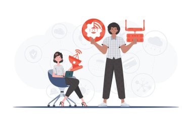 İnternet ve otomasyon konsepti. İnternetteki Şeyler Takımı. Sunumlar ve web siteleri için iyi. Moda düz stil. Vektör.