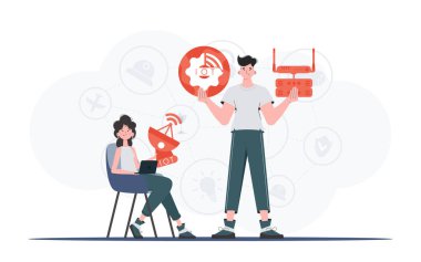 İnternet ve otomasyon konsepti. Kız ve erkek, internet alanında bir takım oluşturuyorlar. Sunumlar ve web siteleri için iyi. Düz moda vektör illüstrasyonuName.