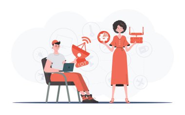 İnternet ve otomasyon konsepti. Kız ve erkek, internet alanında bir takım oluşturuyorlar. Sunumlar ve web siteleri için iyi. Düz biçimli vektör illüstrasyonu.