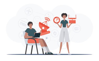 İnternet ve otomasyon konsepti. Kız ve erkek, internet alanında bir takım oluşturuyorlar. Sunumlar ve web siteleri için iyi. Düz moda vektör illüstrasyonuName.