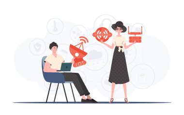İnternet ve otomasyon konsepti. Kız ve erkek, IOT alanında bir takım. Web siteleri ve sunumlar için iyi. Düz biçimli vektör illüstrasyonu.