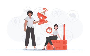 İlginç bir kavram. Kız ve erkek, internet alanında bir takım oluşturuyorlar. Sunumlar ve web siteleri için iyi. Düz biçimli vektör illüstrasyonu.
