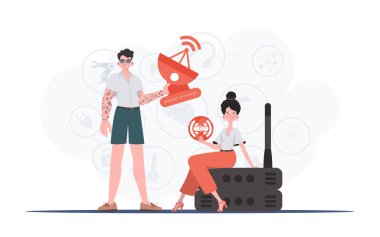 İlginç bir kavram. Kız ve erkek, internet alanında bir takım oluşturuyorlar. Sunumlar ve web siteleri için iyi. Vektör illüstrasyonu.