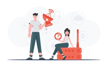 İlginç bir kavram. Kız ve erkek, IOT alanında bir takım. Sunumlar ve web siteleri için iyi. Vektör illüstrasyonu.