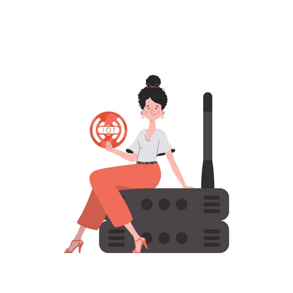 Una Mujer Tiene Icono Internet Sus Manos Router Servidor Concepto — Vector de stock