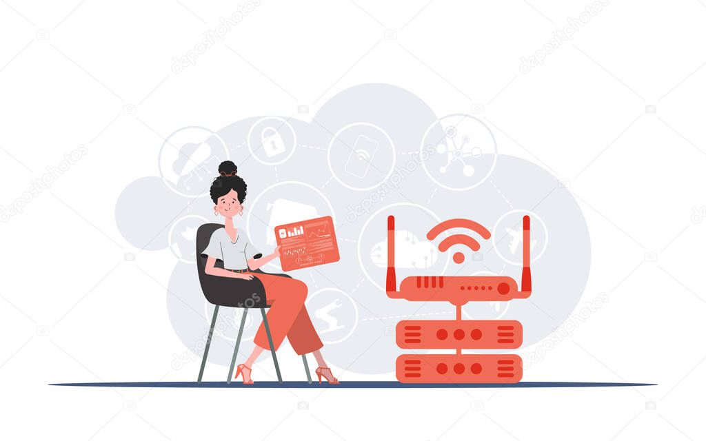 IoT concept. A woman sits in a chair and holds a panel with analyzers and indicators in her hands. Good for websites and presentations. Vector illustration.