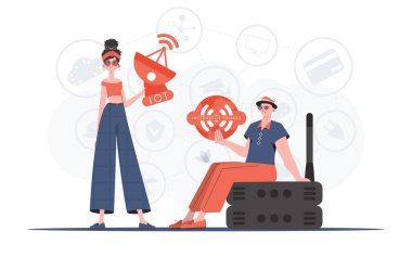 İnternet ve otomasyon konsepti. İnternetteki Şeyler Takımı. Web siteleri ve sunumlar için iyi. Moda düz stil. Vektör.