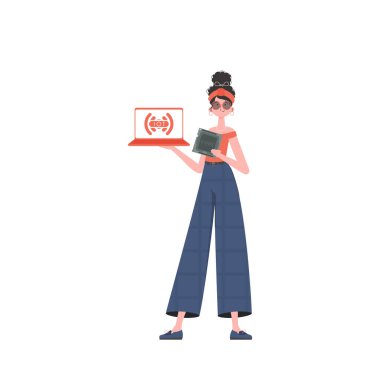 Bir kadın elinde bir dizüstü bilgisayar ve işlemci çipi tutuyor. İnternet konsepti. İzole edilmiş. Düz moda vektör illüstrasyonuName.