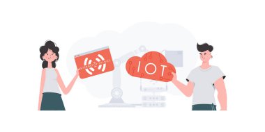 Bir erkek ve bir kadın, internet alanında çalışan bir ekiptir. İnternet konsepti. Sunumlar ve web siteleri için iyi. Vektör illüstrasyonu.