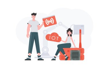 Bir erkek ve bir kadın, internet alanında çalışan bir ekiptir. İnternet ve otomasyon konsepti. Web siteleri ve sunumlar için iyi. Moda düz stil. Vektör.
