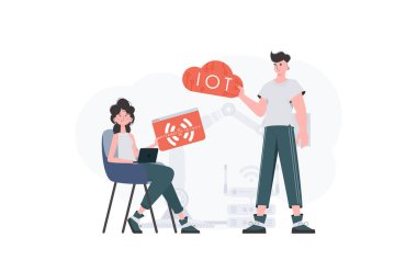 Bir erkek ve bir kadın, internet alanında çalışan bir ekiptir. İlginç bir kavram. Web siteleri ve sunumlar için iyi. Düz biçimli vektör illüstrasyonu.