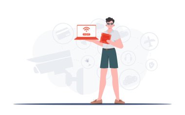 Adamın elinde dizüstü bilgisayar ve işlemci çipi var. İnternet ve otomasyon konsepti. Düz moda vektör illüstrasyonuName.