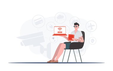 Adamın elinde dizüstü bilgisayar ve işlemci çipi var. İnternet ve otomasyon konsepti. Moda düz stil. Vektör illüstrasyonu.