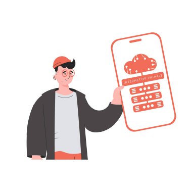 Adam elinde logosu olan bir telefon tutuyormuş elinde. İlginç bir kavram. Moda düz stil. Vektör illüstrasyonu.