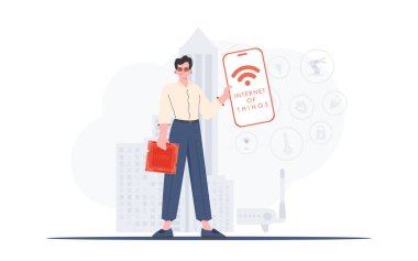 İlginç bir kavram. Adam elinde logosu olan bir telefon tutuyormuş elinde. Vektör.