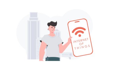 İnternet ve otomasyon konsepti. Adam elinde logosu olan bir telefon tutuyormuş elinde. Vektör.