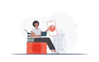 Bilgi işlem ve otomasyon konsepti. Adamın biri elinde logosu olan bir telefon tutuyor. Vektör.
