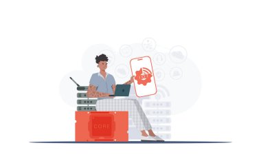 Bilgi işlem ve otomasyon konsepti. Adam elinde logosu olan bir telefon tutuyormuş elinde. Düz moda vektör illüstrasyonuName.