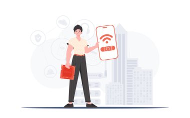 İnternet konsepti. Adam elinde logosu olan bir telefon tutuyormuş elinde. Düz moda vektör illüstrasyonuName.