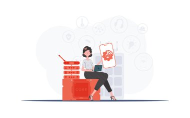 Bilgi işlem ve otomasyon konsepti. Kız elinde logosu olan bir telefon tutuyormuş elinde. Düz moda vektör illüstrasyonuName.