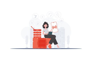 Bilgi işlem ve otomasyon konsepti. Kız elinde logosu olan bir telefon tutuyormuş elinde. Düz biçimli vektör illüstrasyonu.