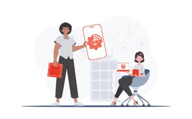 Bilgi işlem ve otomasyon konsepti. Kız ve erkek, internet alanında bir takım oluşturuyorlar. Sunumlar ve web siteleri için iyi. Moda düz stil. Vektör.