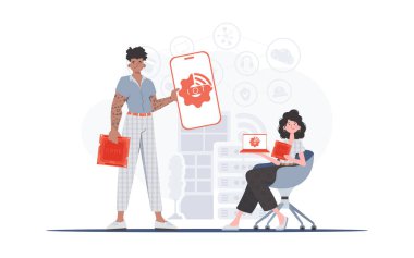 Bilgi işlem ve otomasyon konsepti. Kız ve erkek, internet alanında bir takım oluşturuyorlar. Sunumlar ve web siteleri için iyi. Vektör illüstrasyonu.