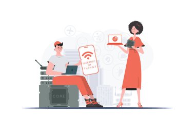 İlginç bir kavram. Kız ve erkek, internet alanında bir takım oluşturuyorlar. Web siteleri ve sunumlar için iyi. Vektör illüstrasyonu.