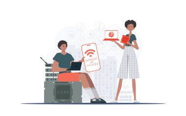 İlginç bir kavram. Kız ve erkek, internet alanında bir takım oluşturuyorlar. Web siteleri ve sunumlar için iyi. Moda düz stil. Vektör.