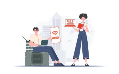 İlginç bir kavram. Kız ve erkek, internet alanında bir takım oluşturuyorlar. Sunumlar ve web siteleri için iyi. Düz moda vektör illüstrasyonuName.