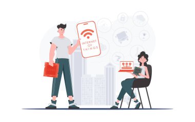 İlginç bir kavram. Kız ve erkek, internet alanında bir takım oluşturuyorlar. Web siteleri ve sunumlar için iyi. Düz biçimli vektör illüstrasyonu.