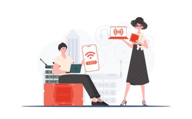 Bilgi işlem ve otomasyon konsepti. İnternetteki Şeyler Takımı. Web siteleri ve sunumlar için iyi. Düz biçimli vektör illüstrasyonu.